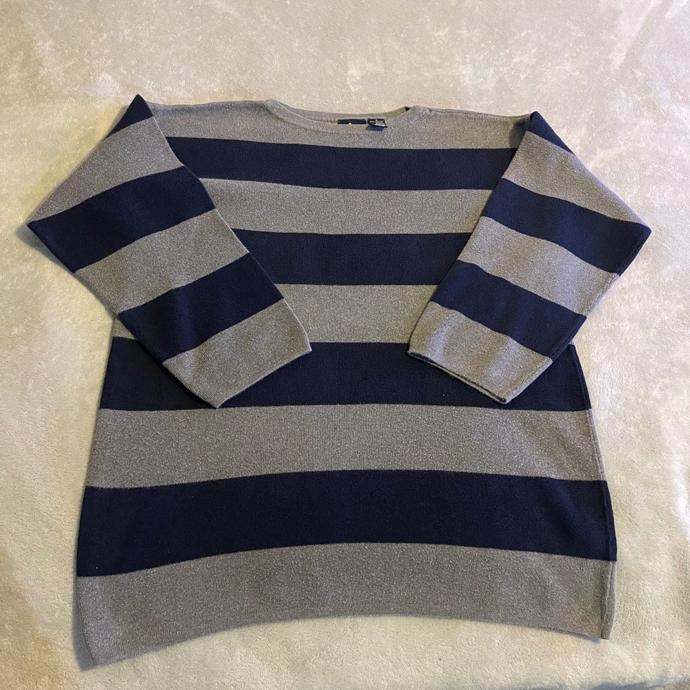 Vintage Lizsport Striped Long Sleeve Sweater Top Womens S Cotton Navy Gray 90s